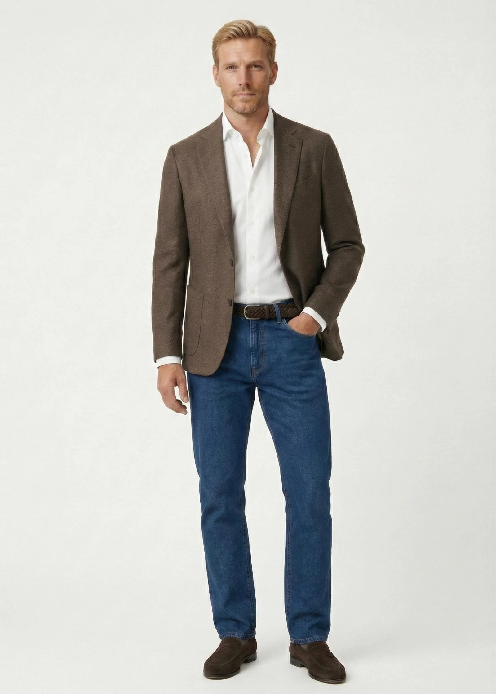 Soft Hopsack Blazer, Unstructured, Mid Brown - Image 3
